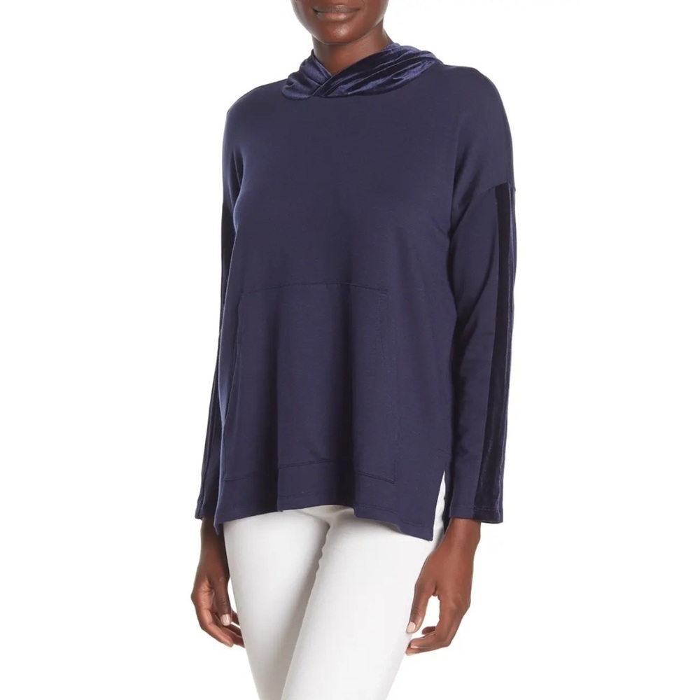NWT Eileen Fisher Velvet Trim Navy Hoodie Sweater